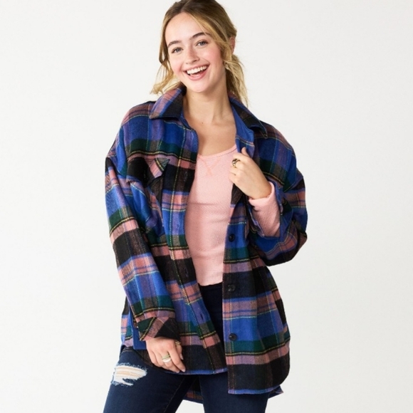 SO Jackets & Blazers - SO Womens Plaid Shirt Jacket in Blue, Pink & Green